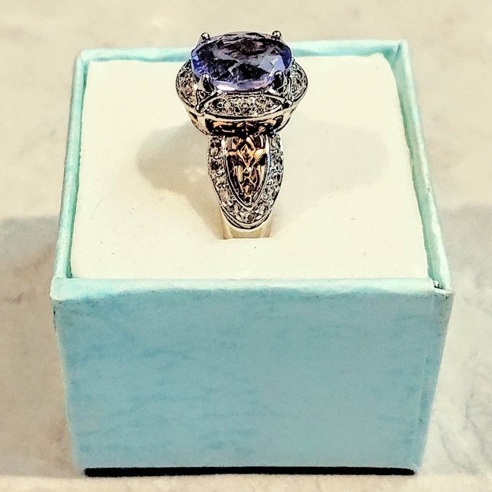 VINTAGE STERLING SILVER 2ct TANZANITE RING WITH DIAMOND CHIPS & 14K GOLD ACCENTS - Picture 6 of 16